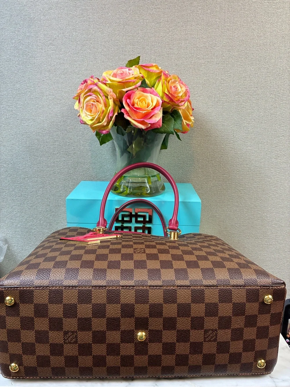 Louis Vuitton LV Damier Ebene Riverside Tote w/ Magenta Leather & LV Charm - NWT